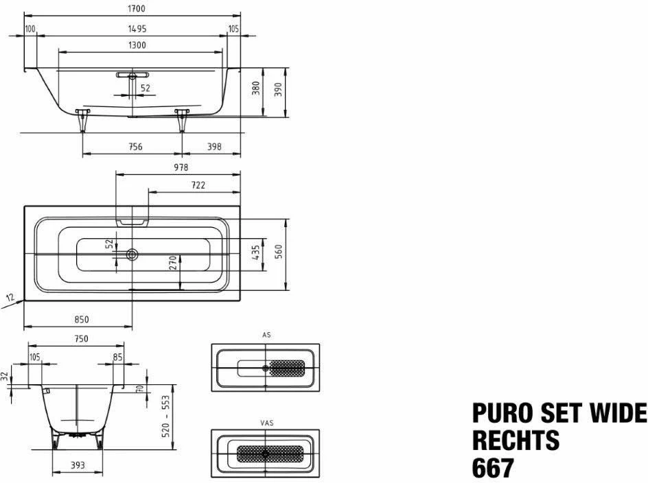 Kaldewei Puro Set Large Baignoire 261034013001 170x75cm, Trop-plein Au Centre, Effet Perle Antidérapant Complet, Blanc 6 Kaldewei Puro Set Large Baignoire 261034013001 170x75cm, Trop-plein Au Centre, Effet Perle Antidérapant Complet, Blanc – Image 4