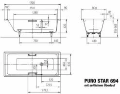 Kaldewei Puro Star Bath 259400013231 170x80cm, Trop-plein Latéral, Effet Perlant, Pergamon -Fournitures De Salle De Bain Soldes Kaldewei Puro star bath 259400013231 170x80cm trop plein lateral effet perlant pergamon 2