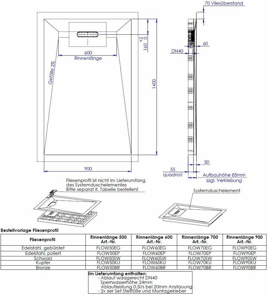 Schedel Line Flow élément De Douche LI1KF609014 90 X 140 Cm, Pente Sur Quatre Côtés 4 Schedel Line Flow élément De Douche LI1KF609014 90 X 140 Cm, Pente Sur Quatre Côtés – Image 2